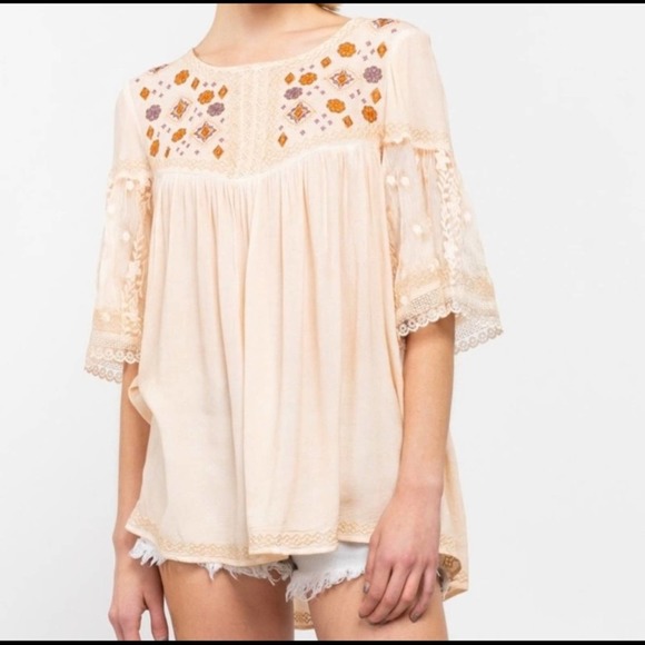 POL Tops - Peasant Boho Embroidered Lace Tunic Blouse Top